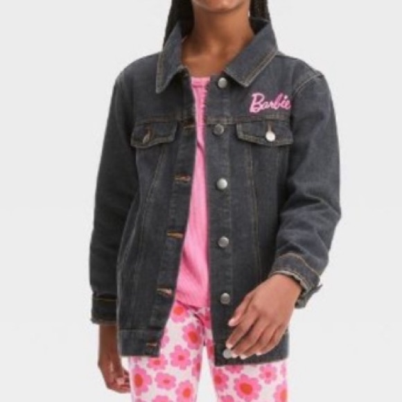 NWT Mattel Barbie denim jean jacket, button up bright pink graphics med 6/7 - Picture 2 of 11